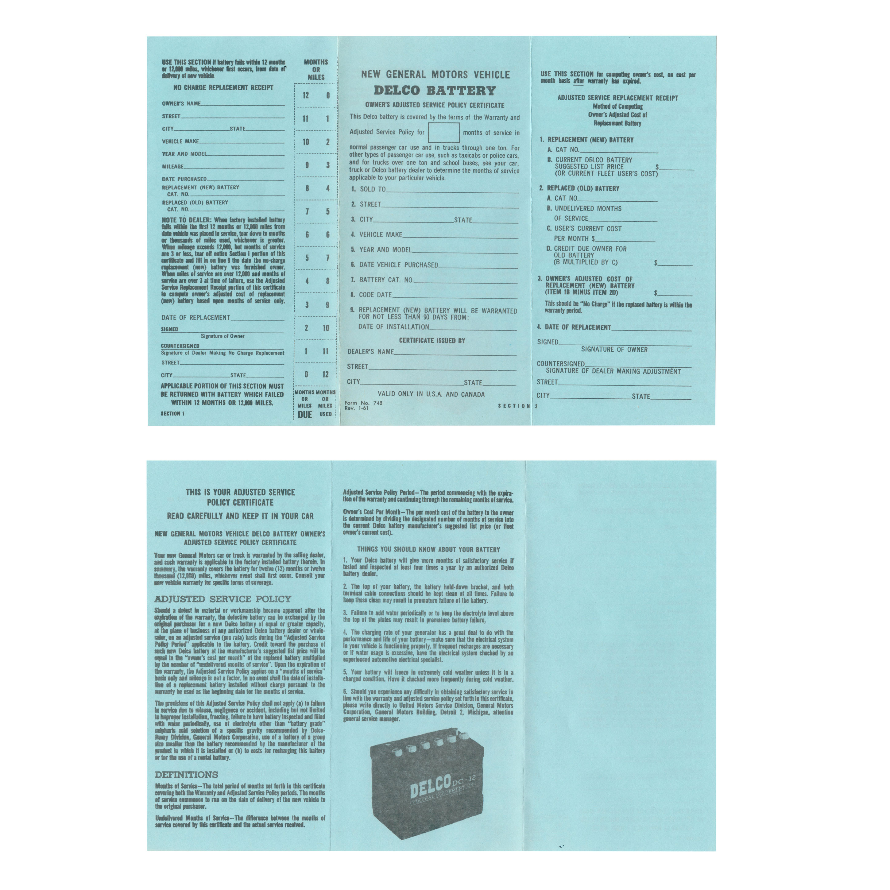 c.aページ 1961–1964 C1–C2 Delco Battery Owner's Certificate Form 748 -